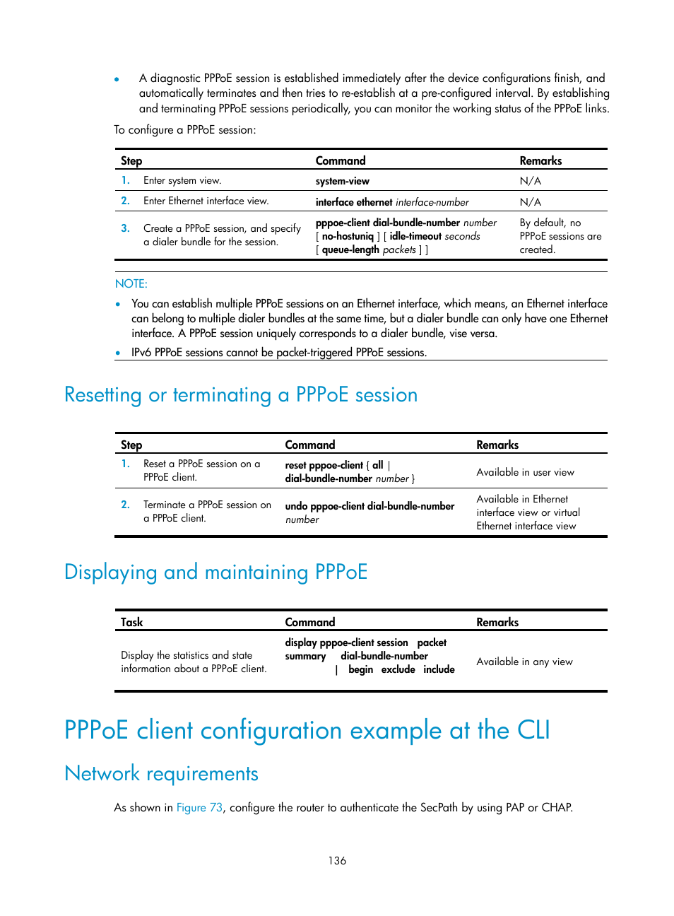 Resetting or terminating a pppoe session, Displaying and maintaining pppoe, Pppoe client configuration example at the cli | Network requirements | H3C Technologies H3C SecPath F1000-E User Manual | Page 161 / 967