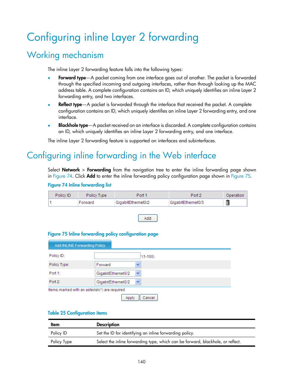 Configuring inline layer 2 forwarding, Working mechanism, Configuring inline forwarding in the web interface | H3C Technologies H3C SecPath F1000-E User Manual | Page 165 / 967