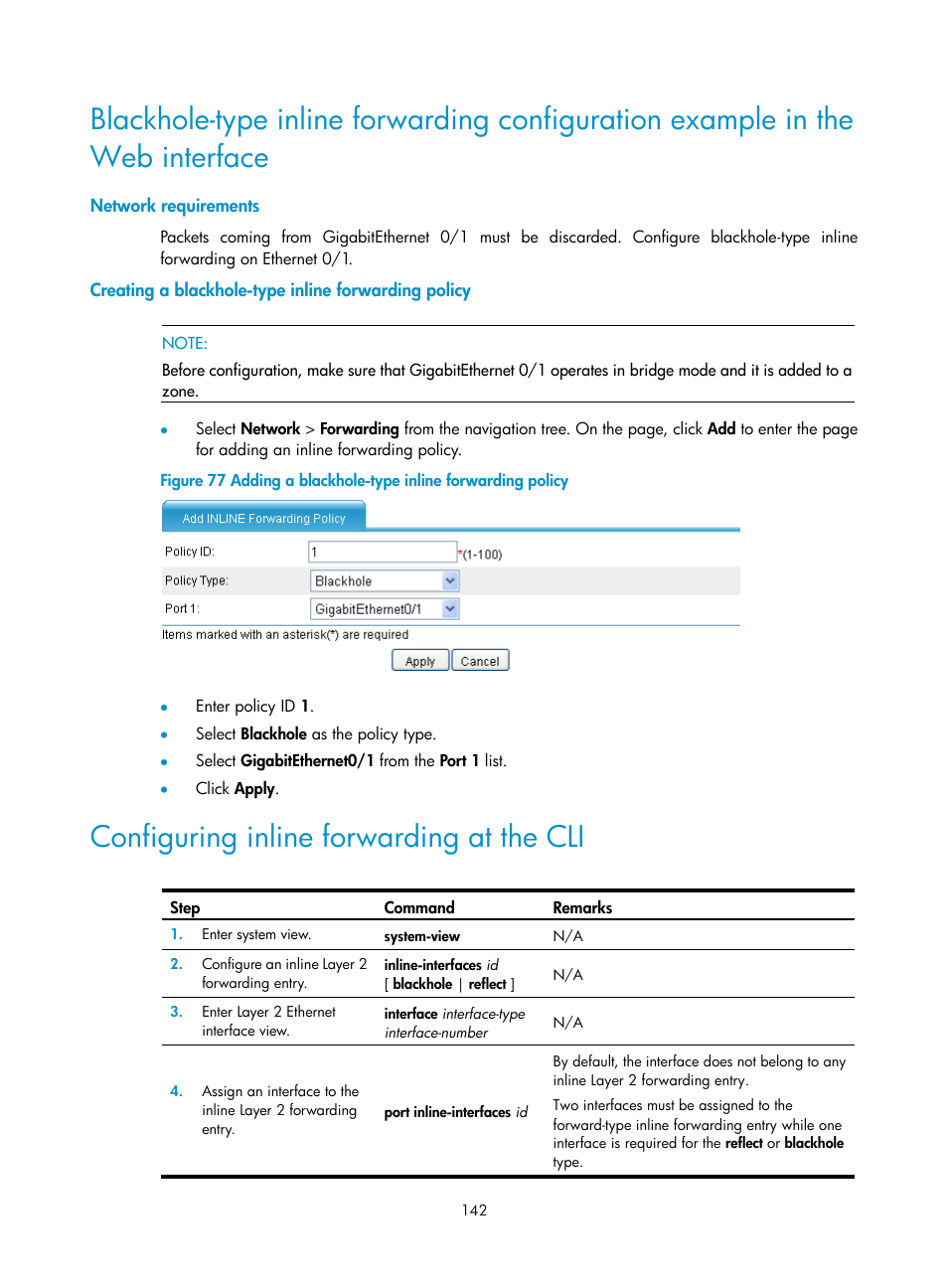 Network requirements, Creating a blackhole-type inline forwarding policy, Configuring inline forwarding at the cli | H3C Technologies H3C SecPath F1000-E User Manual | Page 167 / 967