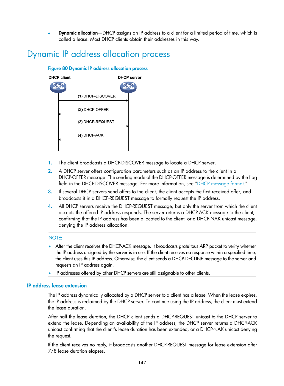 Dynamic ip address allocation process, Ip address lease extension | H3C Technologies H3C SecPath F1000-E User Manual | Page 172 / 967