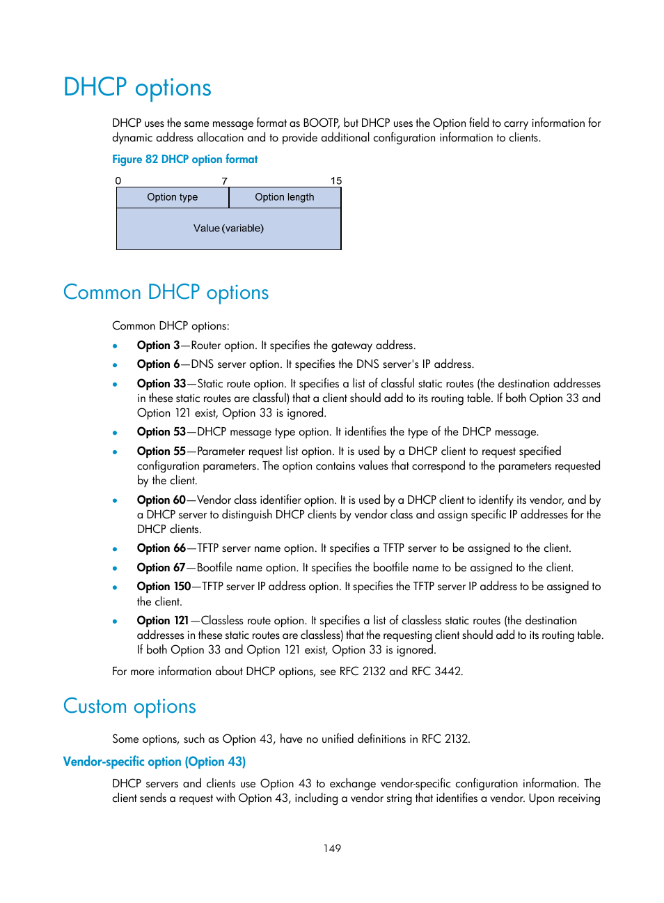 Dhcp options, Common dhcp options, Custom options | Vendor-specific option (option 43) | H3C Technologies H3C SecPath F1000-E User Manual | Page 174 / 967