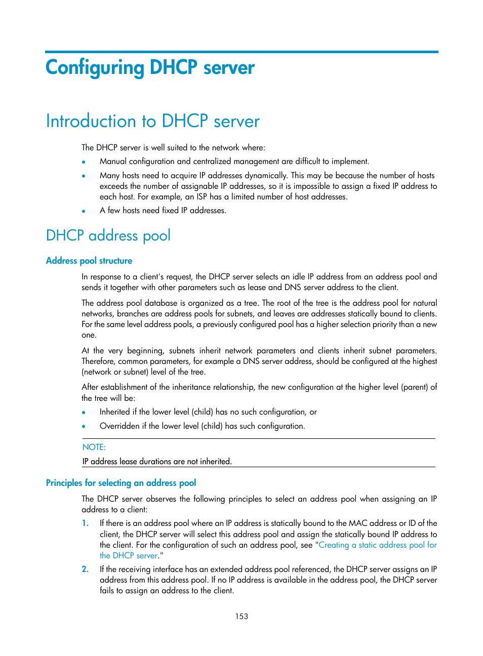 Configuring dhcp server, Introduction to dhcp server, Dhcp address pool | Address pool structure, Principles for selecting an address pool | H3C Technologies H3C SecPath F1000-E User Manual | Page 178 / 967