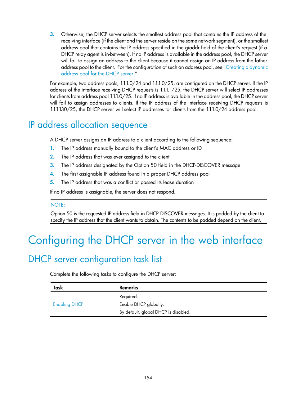 Ip address allocation sequence, Configuring the dhcp server in the web interface, Dhcp server configuration task list | H3C Technologies H3C SecPath F1000-E User Manual | Page 179 / 967