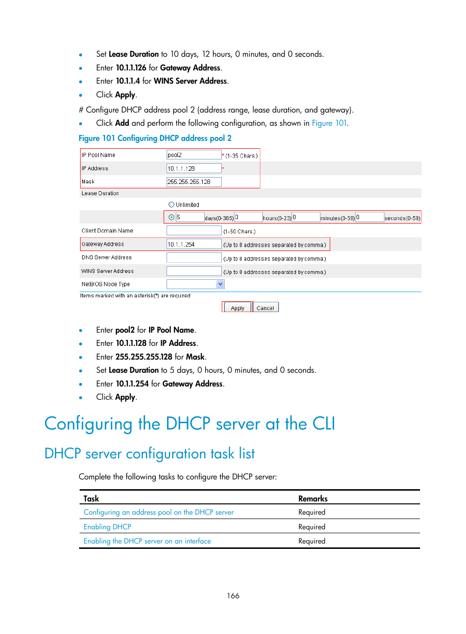 Configuring the dhcp server at the cli, Dhcp server configuration task list | H3C Technologies H3C SecPath F1000-E User Manual | Page 191 / 967