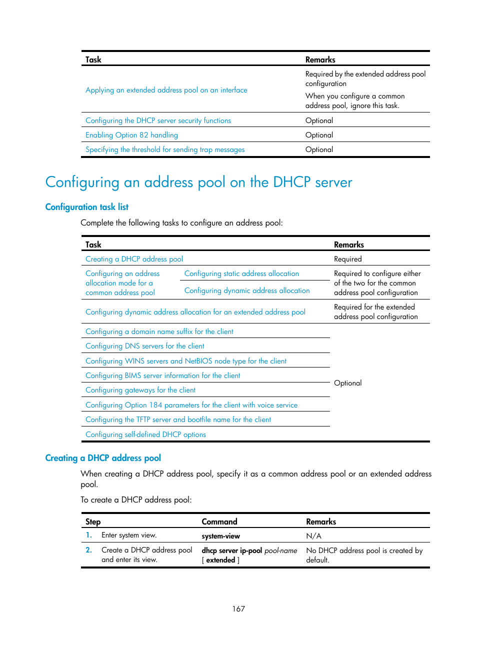 Configuring an address pool on the dhcp server, Configuration task list, Creating a dhcp address pool | H3C Technologies H3C SecPath F1000-E User Manual | Page 192 / 967