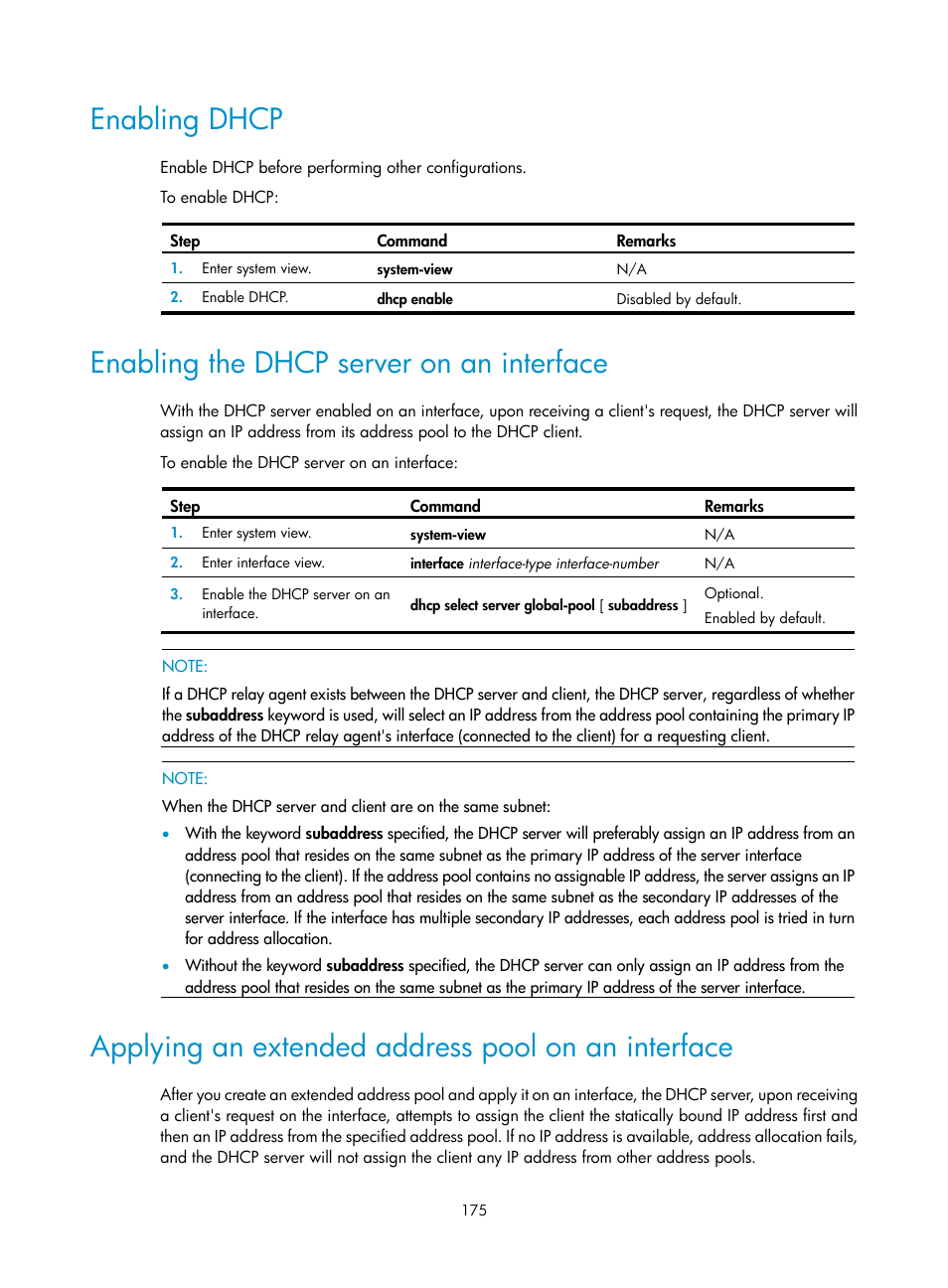 Enabling dhcp, Enabling the dhcp server on an interface, Applying an extended address pool on an interface | H3C Technologies H3C SecPath F1000-E User Manual | Page 200 / 967