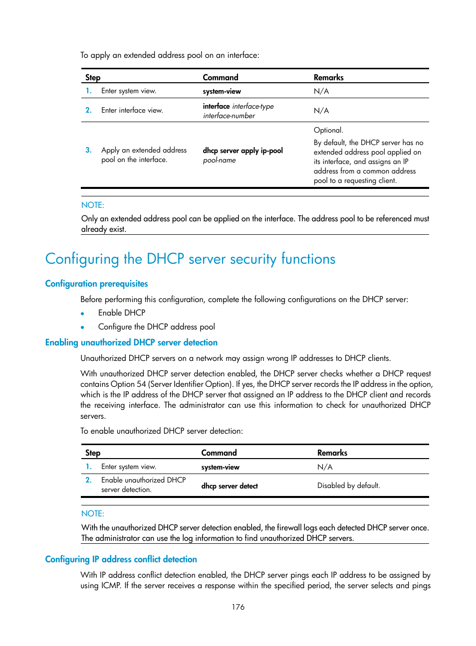 Configuring the dhcp server security functions, Configuration prerequisites, Enabling unauthorized dhcp server detection | Configuring ip address conflict detection | H3C Technologies H3C SecPath F1000-E User Manual | Page 201 / 967