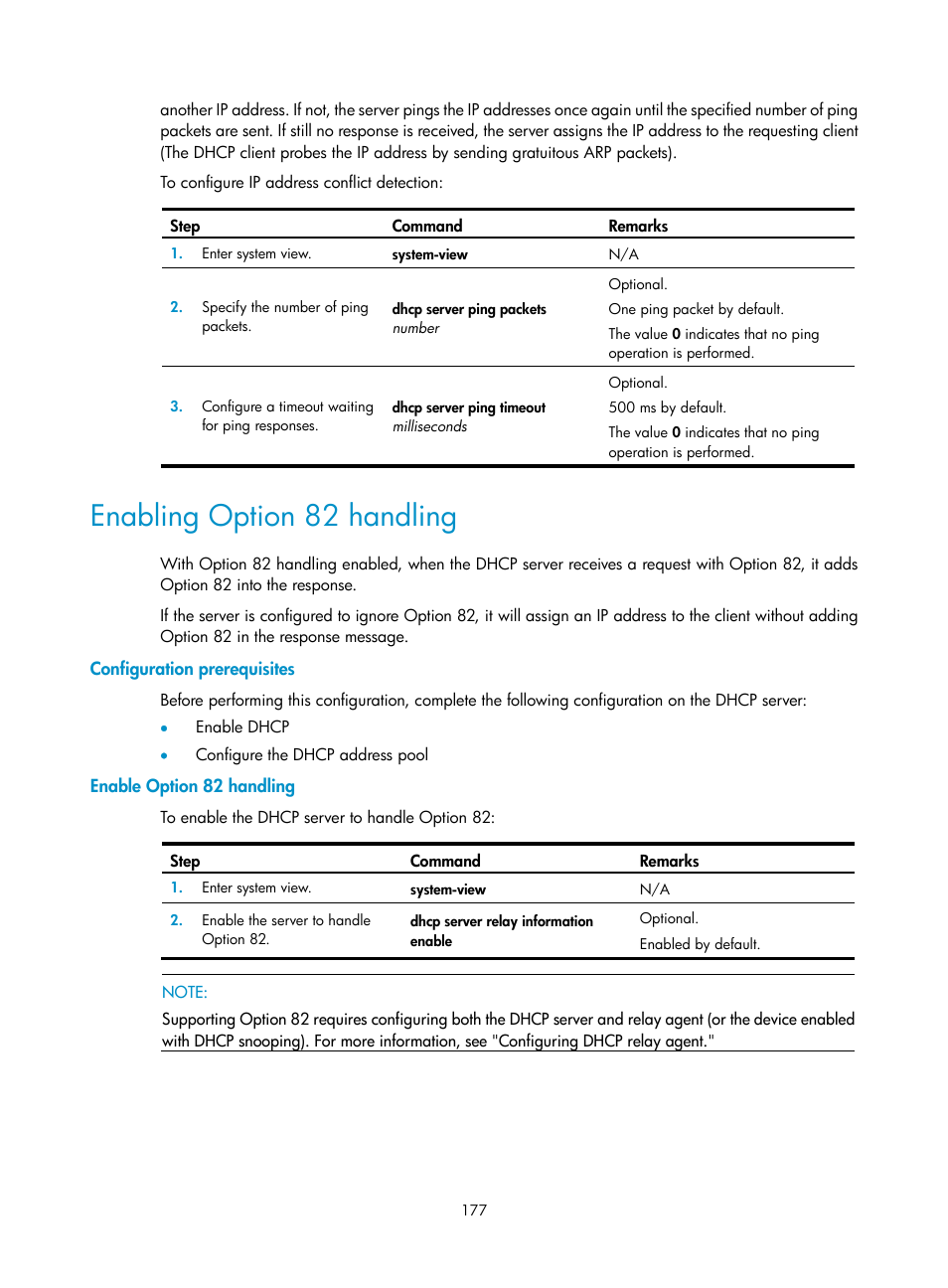 Enabling option 82 handling, Configuration prerequisites, Enable option 82 handling | H3C Technologies H3C SecPath F1000-E User Manual | Page 202 / 967