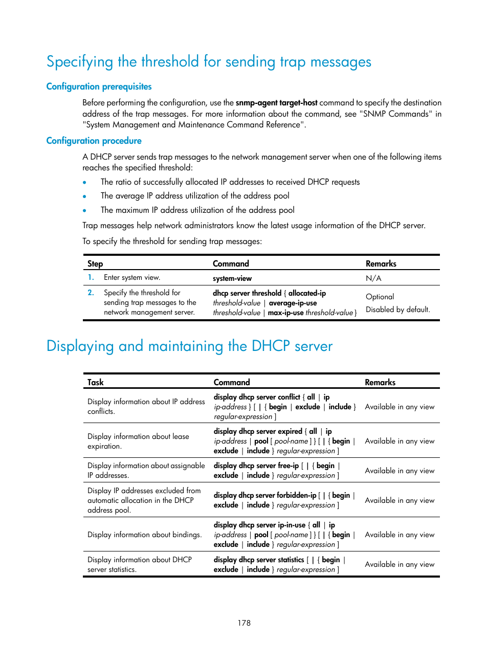 Specifying the threshold for sending trap messages, Configuration prerequisites, Configuration procedure | Displaying and maintaining the dhcp server | H3C Technologies H3C SecPath F1000-E User Manual | Page 203 / 967