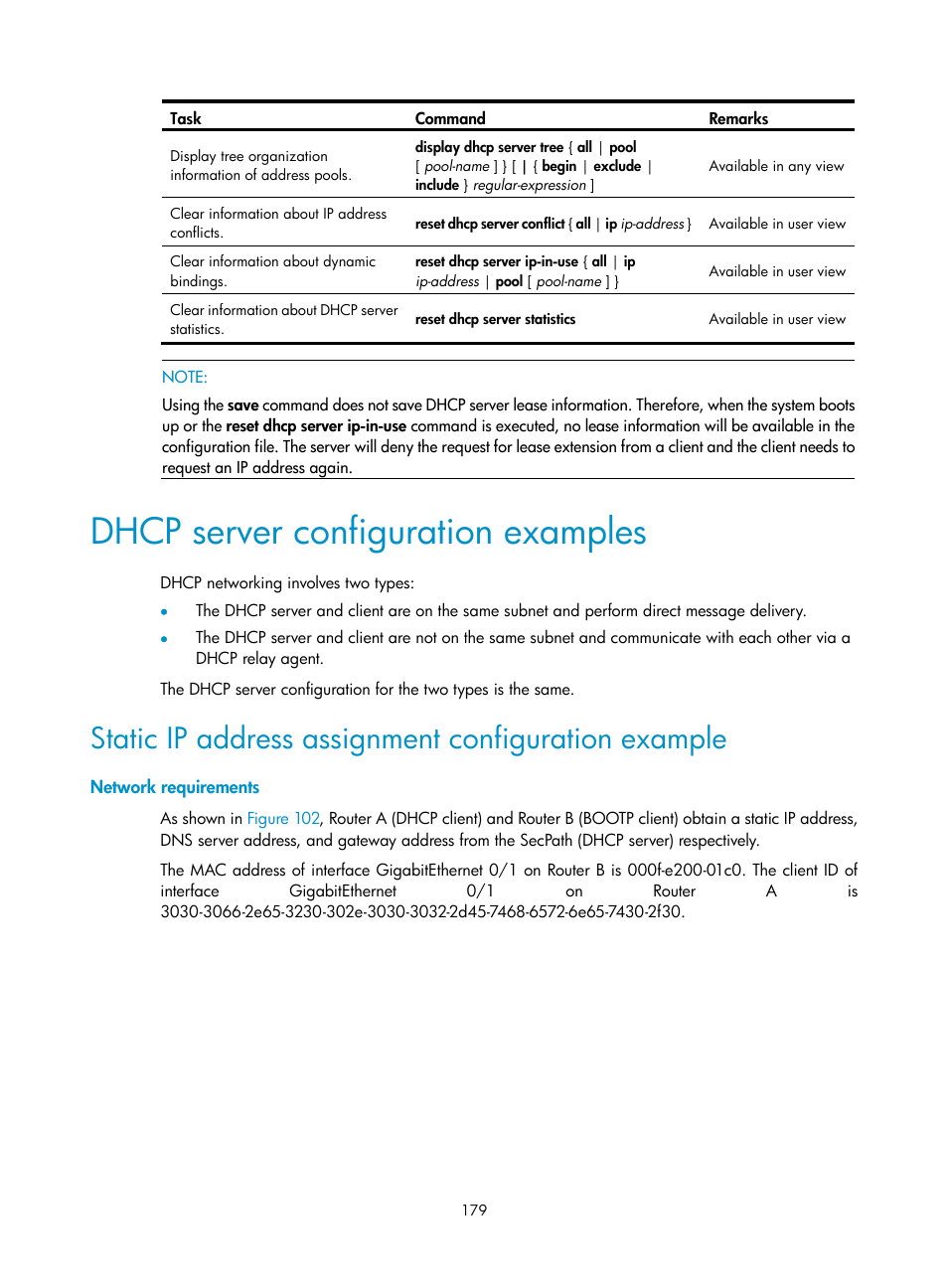 Dhcp server configuration examples, Static ip address assignment configuration example, Network requirements | H3C Technologies H3C SecPath F1000-E User Manual | Page 204 / 967