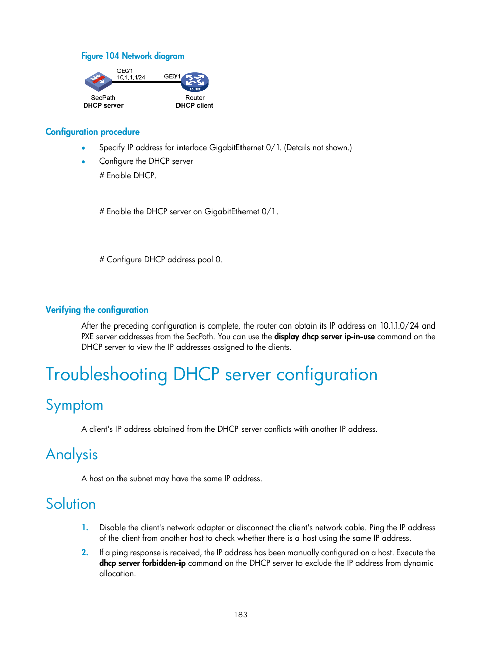 Configuration procedure, Verifying the configuration, Troubleshooting dhcp server configuration | Symptom, Analysis, Solution, Figure 104 | H3C Technologies H3C SecPath F1000-E User Manual | Page 208 / 967