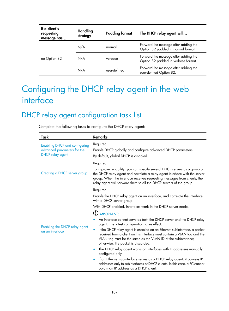 Dhcp relay agent configuration task list | H3C Technologies H3C SecPath F1000-E User Manual | Page 212 / 967