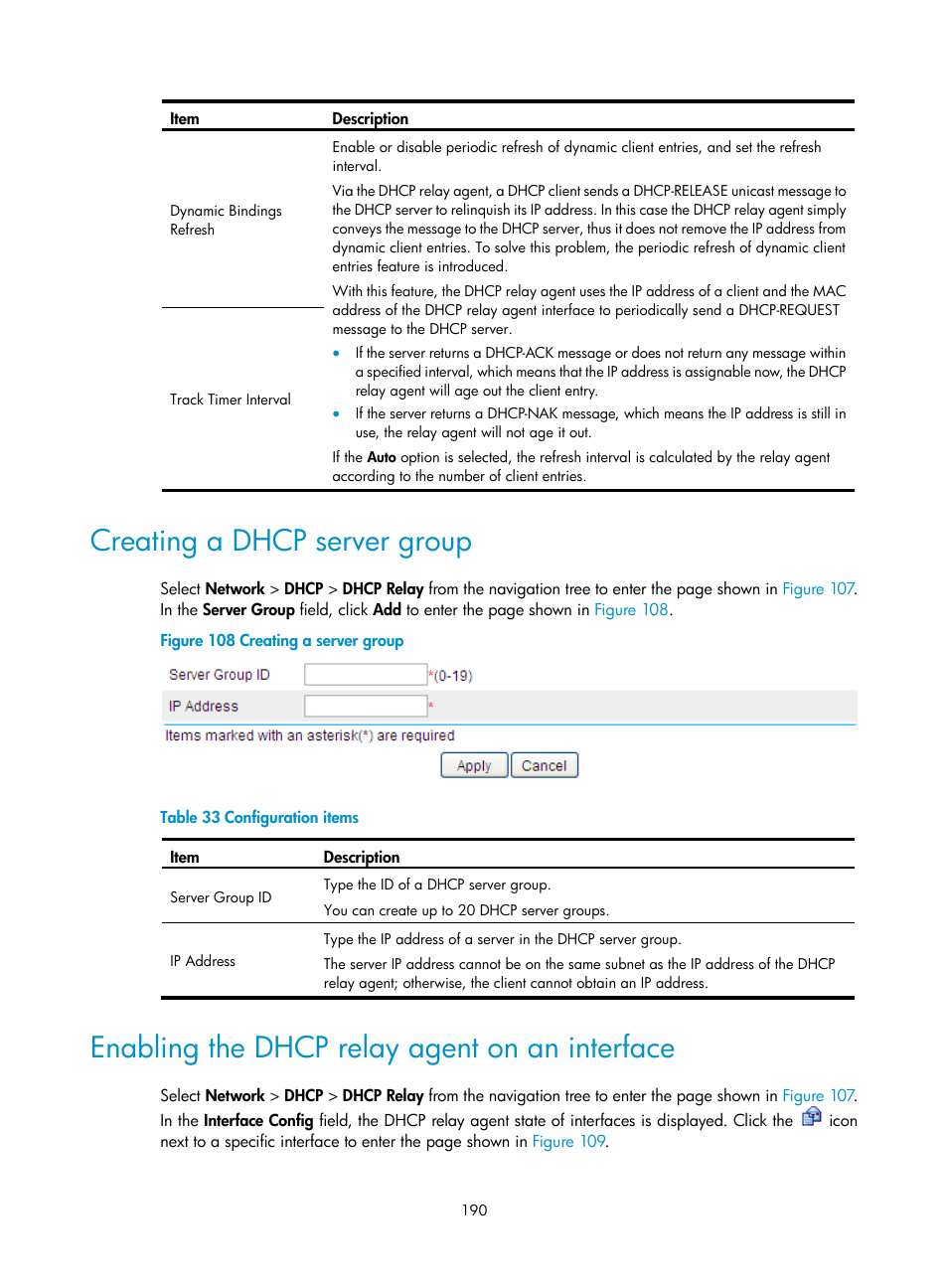 Creating a dhcp server group, Enabling the dhcp relay agent on an interface | H3C Technologies H3C SecPath F1000-E User Manual | Page 215 / 967