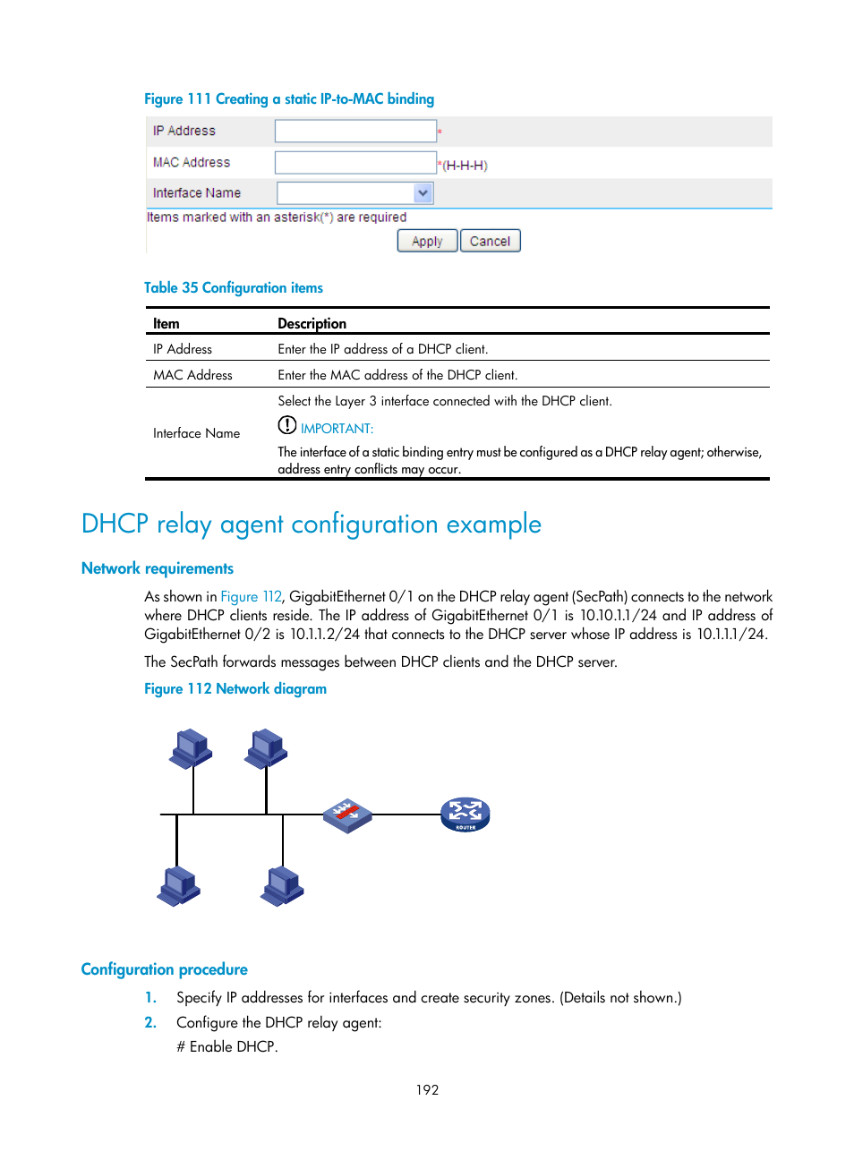 Dhcp relay agent configuration example, Network requirements, Configuration procedure | Figure 111 | H3C Technologies H3C SecPath F1000-E User Manual | Page 217 / 967