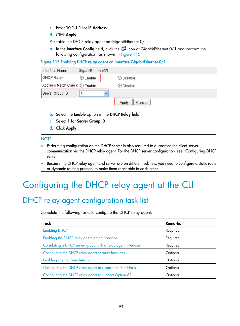 Configuring the dhcp relay agent at the cli, Dhcp relay agent configuration task list | H3C Technologies H3C SecPath F1000-E User Manual | Page 219 / 967