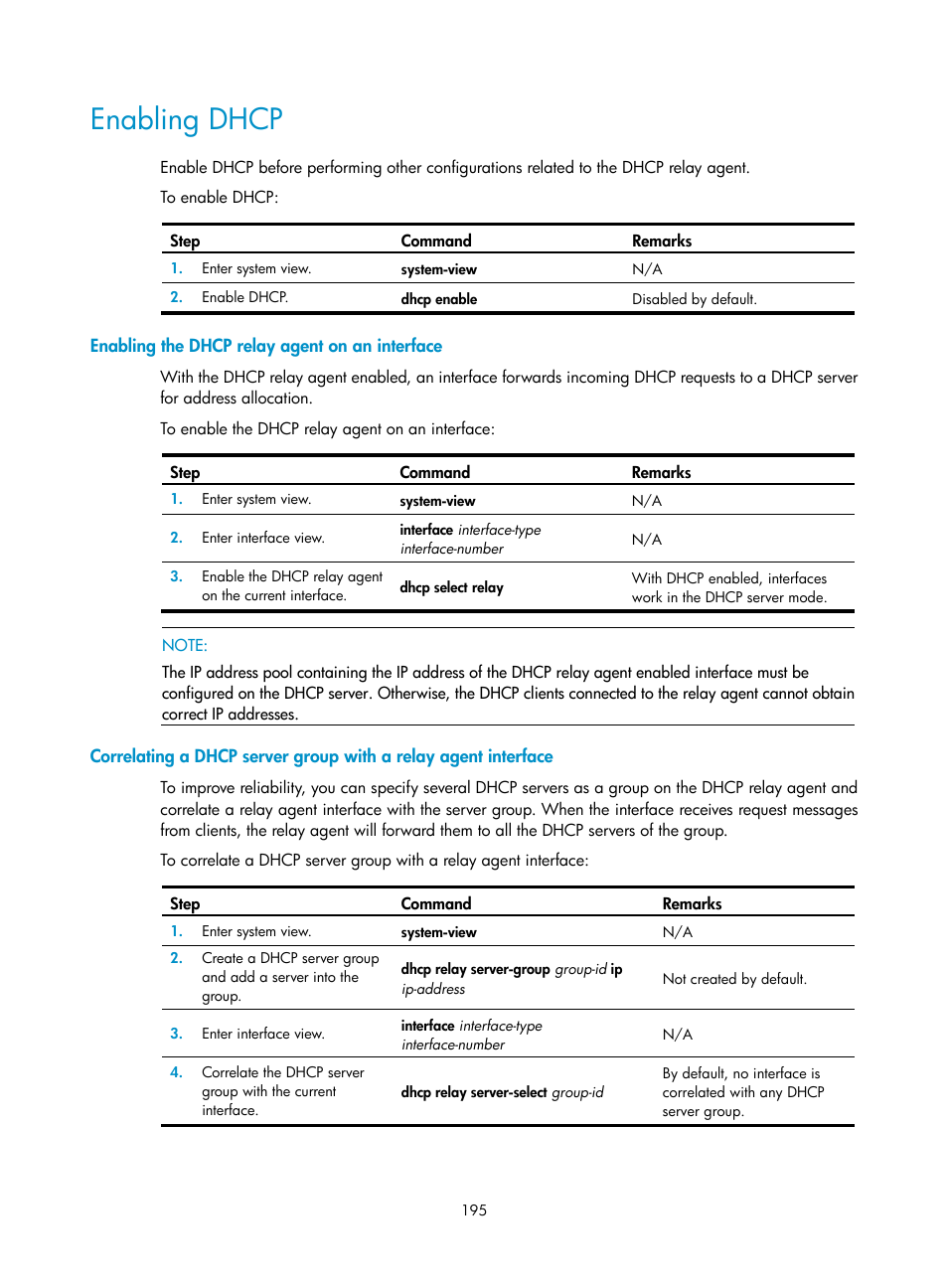 Enabling dhcp, Enabling the dhcp relay agent on an interface | H3C Technologies H3C SecPath F1000-E User Manual | Page 220 / 967