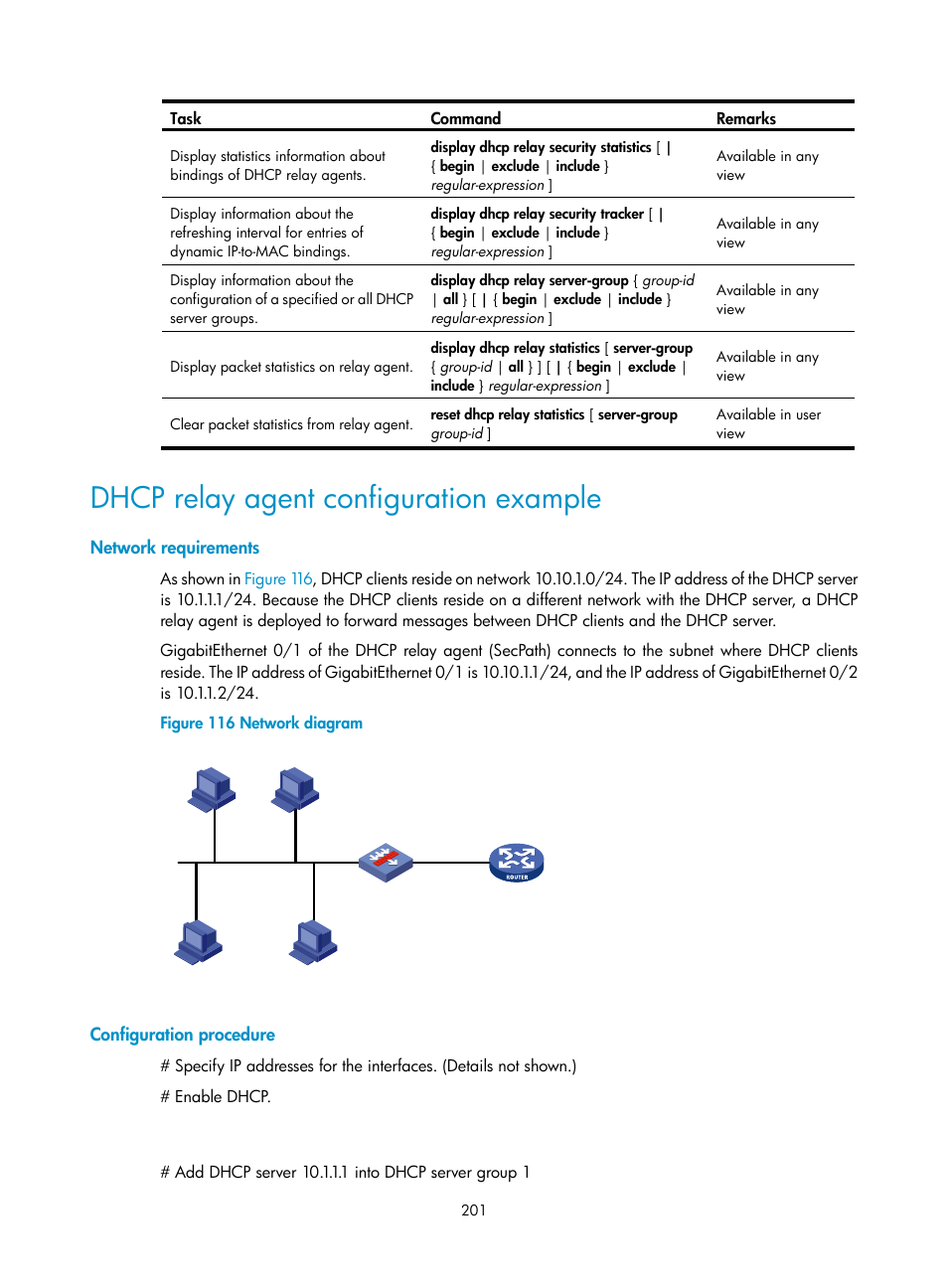 Dhcp relay agent configuration example, Network requirements, Configuration procedure | H3C Technologies H3C SecPath F1000-E User Manual | Page 226 / 967