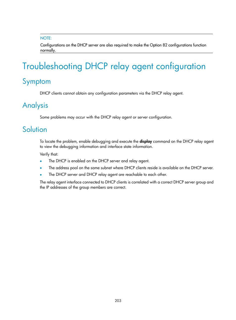 Troubleshooting dhcp relay agent configuration, Symptom, Analysis | Solution | H3C Technologies H3C SecPath F1000-E User Manual | Page 228 / 967