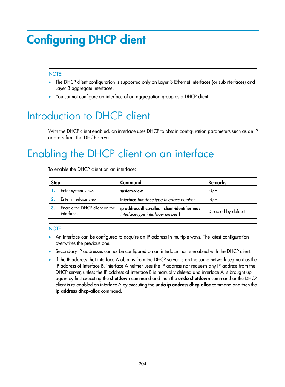 Configuring dhcp client, Introduction to dhcp client, Enabling the dhcp client on an interface | H3C Technologies H3C SecPath F1000-E User Manual | Page 229 / 967