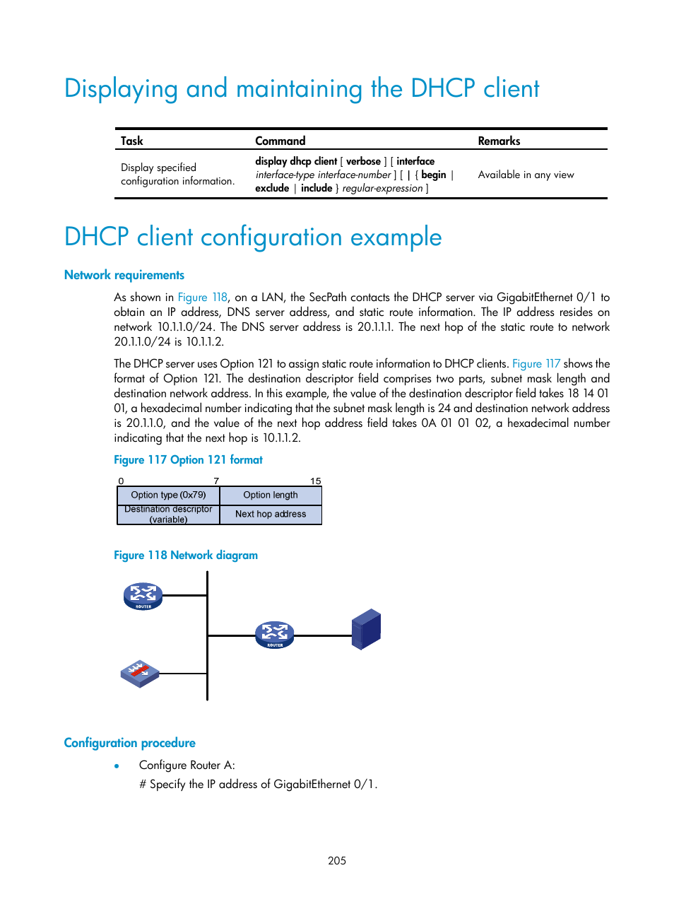 Displaying and maintaining the dhcp client, Dhcp client configuration example, Network requirements | Configuration procedure | H3C Technologies H3C SecPath F1000-E User Manual | Page 230 / 967