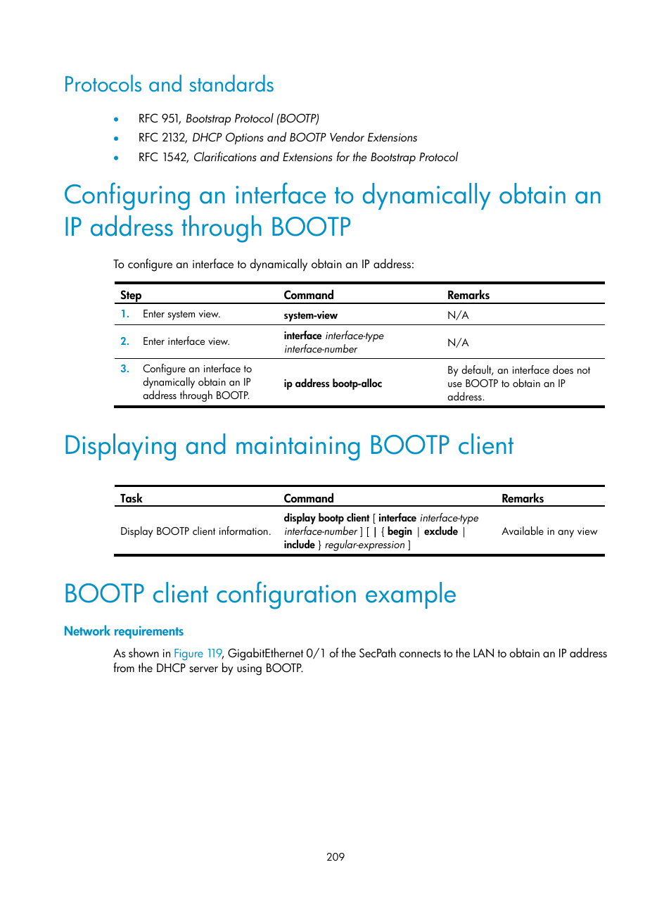 Protocols and standards, Displaying and maintaining bootp client, Bootp client configuration example | Network requirements | H3C Technologies H3C SecPath F1000-E User Manual | Page 234 / 967