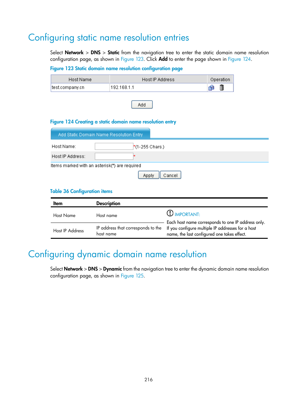 Configuring static name resolution entries, Configuring dynamic domain name resolution | H3C Technologies H3C SecPath F1000-E User Manual | Page 241 / 967