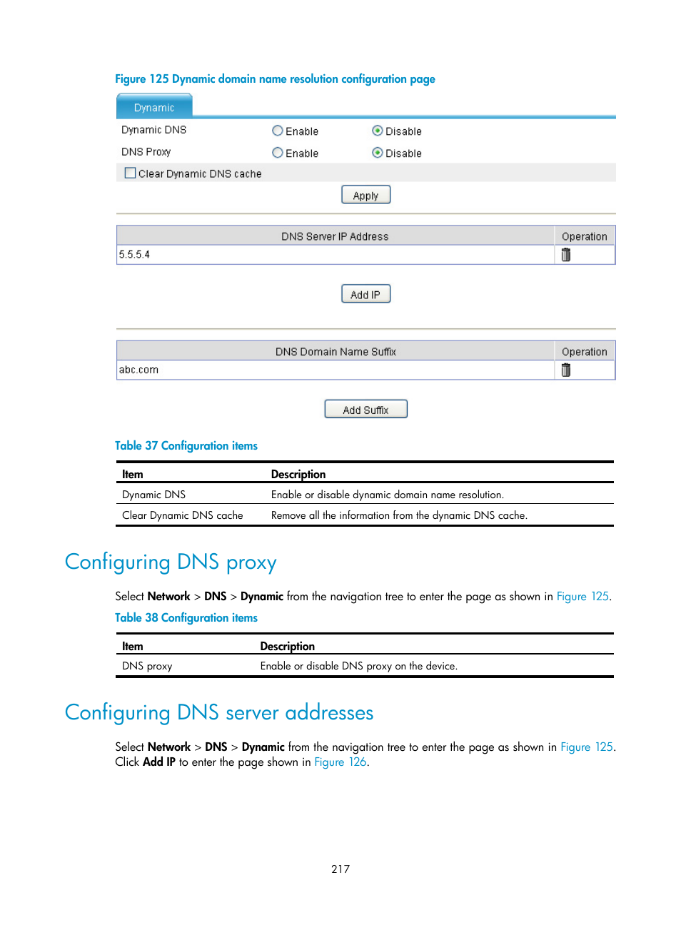 Configuring dns proxy, Configuring dns server addresses, N in | Figure 125 | H3C Technologies H3C SecPath F1000-E User Manual | Page 242 / 967