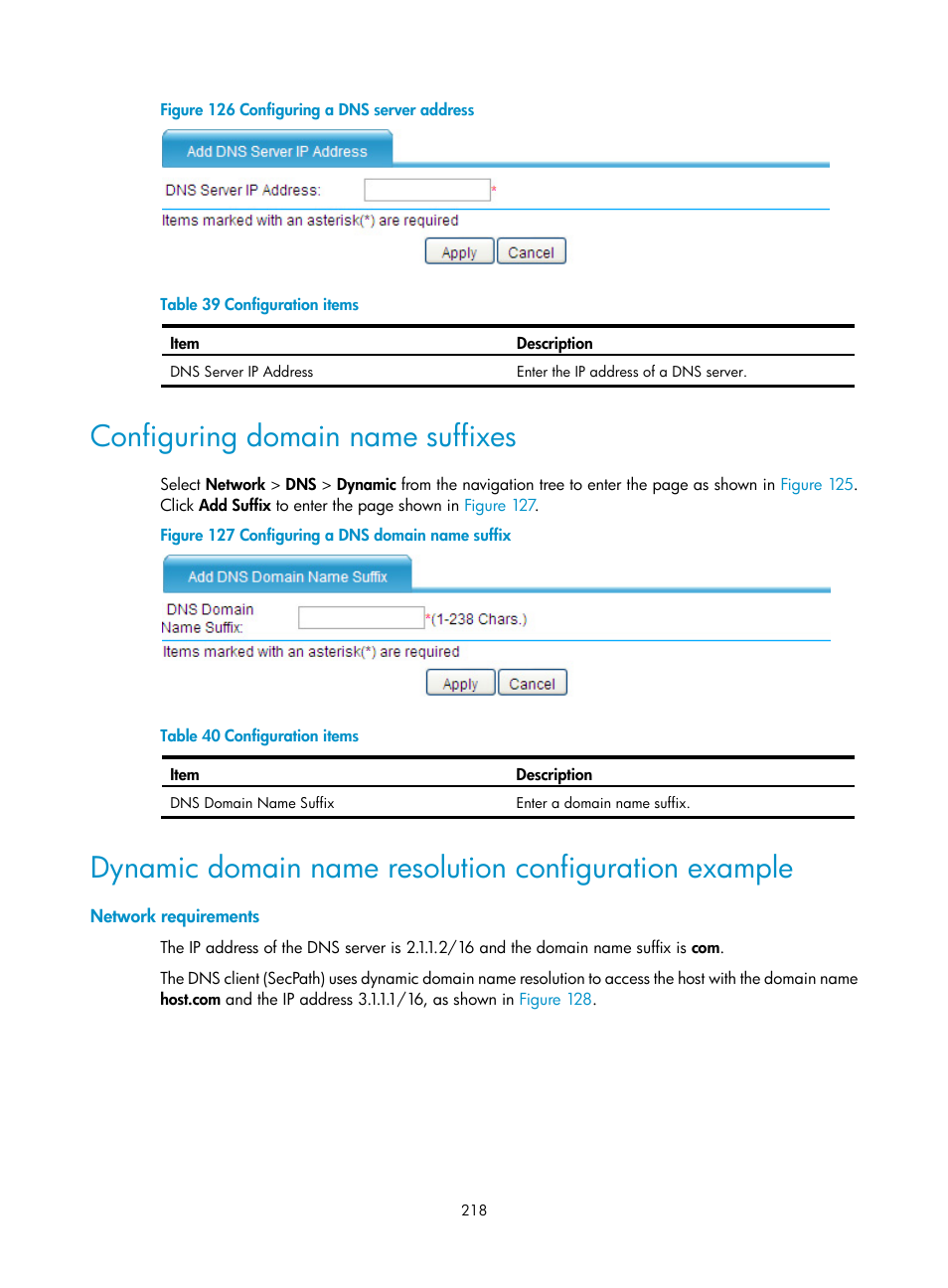 Configuring domain name suffixes, Network requirements, Figure 126 | H3C Technologies H3C SecPath F1000-E User Manual | Page 243 / 967