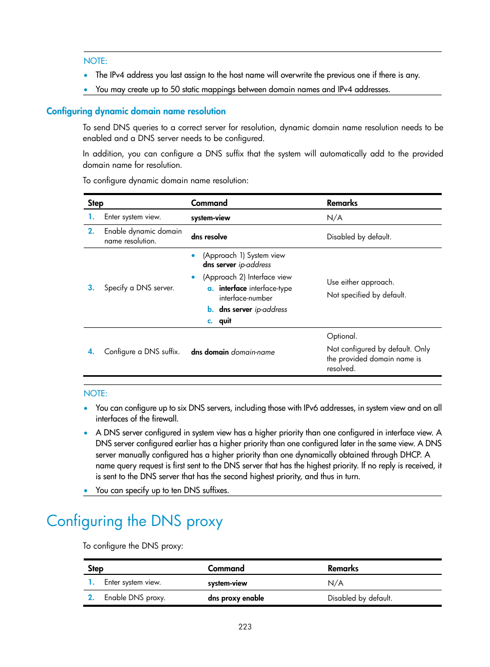 Configuring dynamic domain name resolution, Configuring the dns proxy | H3C Technologies H3C SecPath F1000-E User Manual | Page 248 / 967