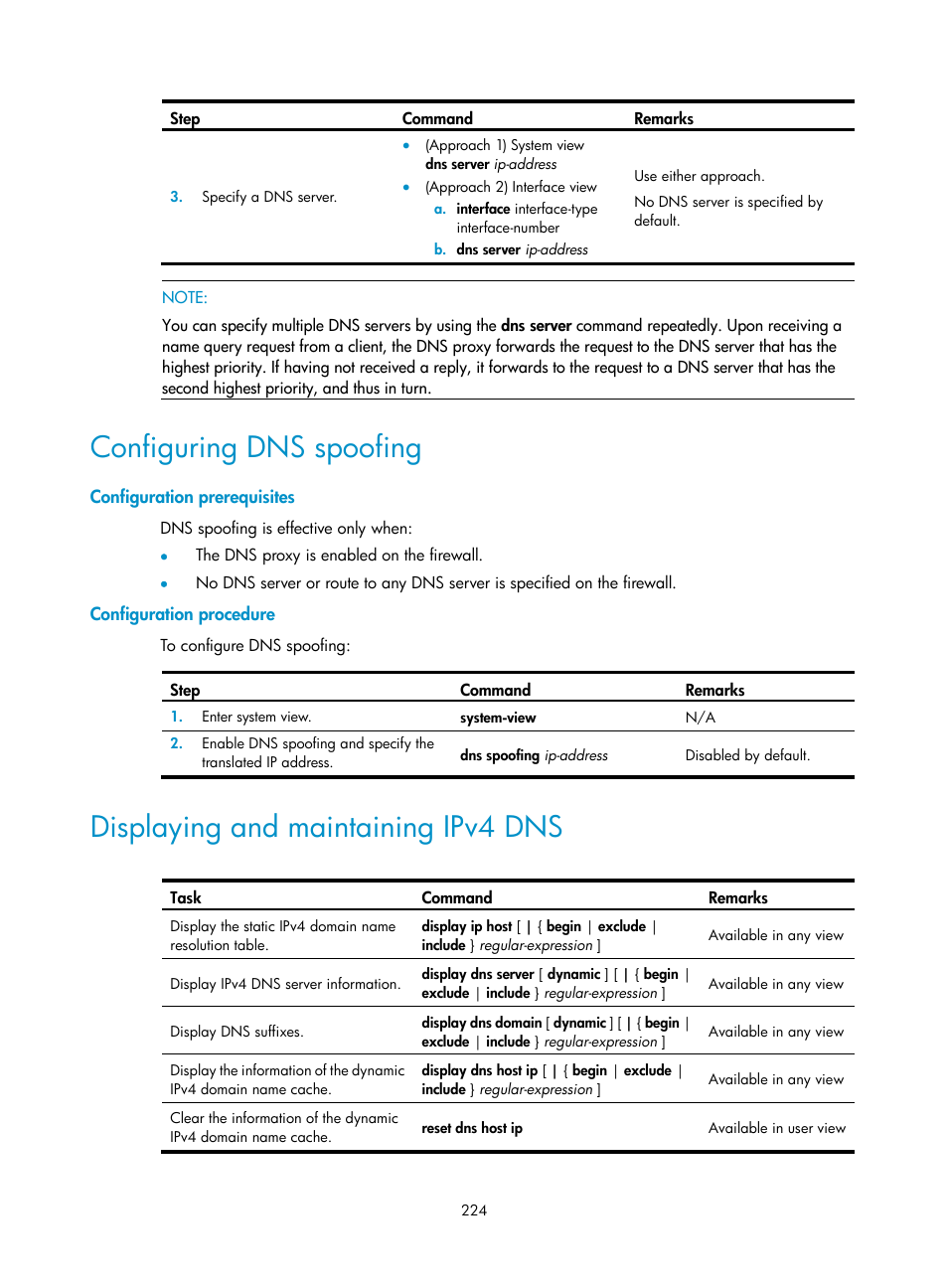 Configuring dns spoofing, Configuration prerequisites, Configuration procedure | Displaying and maintaining ipv4 dns | H3C Technologies H3C SecPath F1000-E User Manual | Page 249 / 967