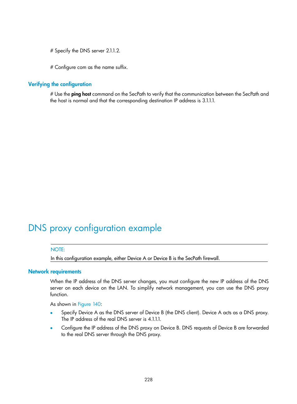 Verifying the configuration, Dns proxy configuration example, Network requirements | H3C Technologies H3C SecPath F1000-E User Manual | Page 253 / 967