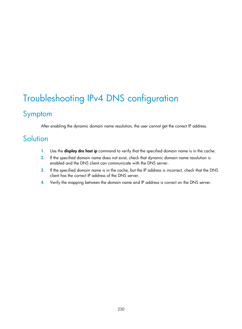 Troubleshooting ipv4 dns configuration, Symptom, Solution | H3C Technologies H3C SecPath F1000-E User Manual | Page 255 / 967