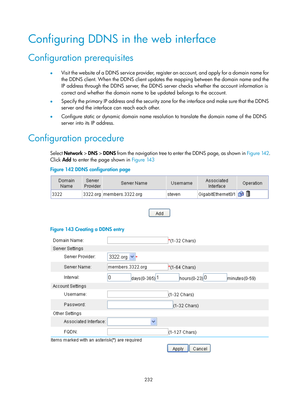 Configuring ddns in the web interface, Configuration prerequisites, Configuration procedure | H3C Technologies H3C SecPath F1000-E User Manual | Page 257 / 967