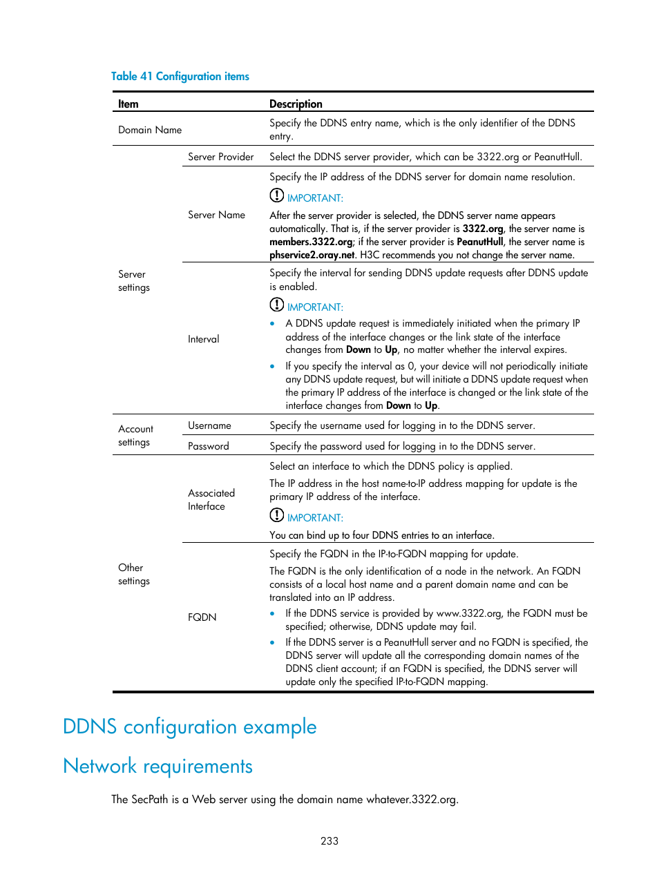 Ddns configuration example, Network requirements, Ddns configuration example network requirements | H3C Technologies H3C SecPath F1000-E User Manual | Page 258 / 967