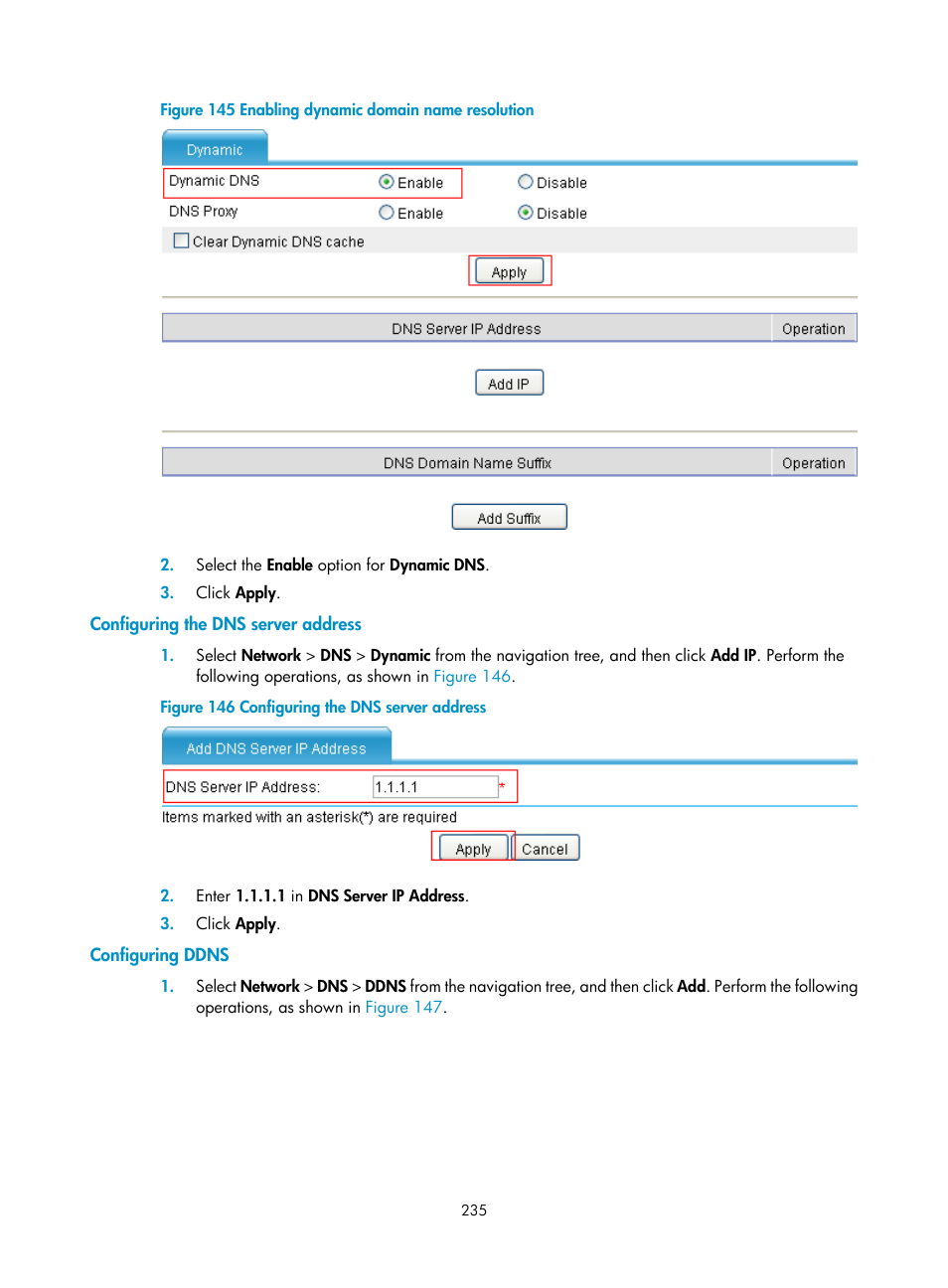 Configuring the dns server address, Configuring ddns | H3C Technologies H3C SecPath F1000-E User Manual | Page 260 / 967