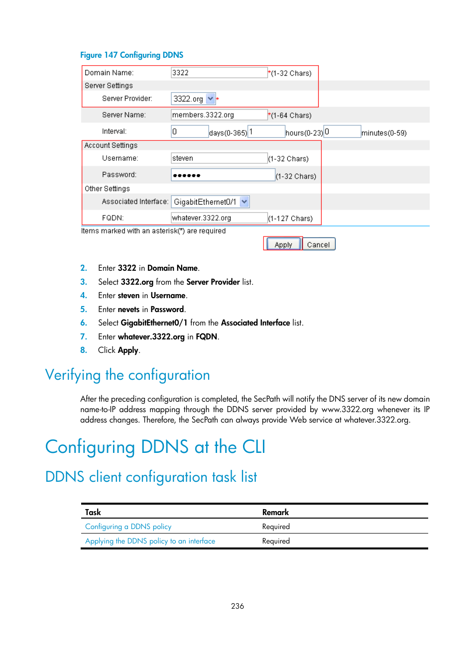 Verifying the configuration, Configuring ddns at the cli, Ddns client configuration task list | H3C Technologies H3C SecPath F1000-E User Manual | Page 261 / 967