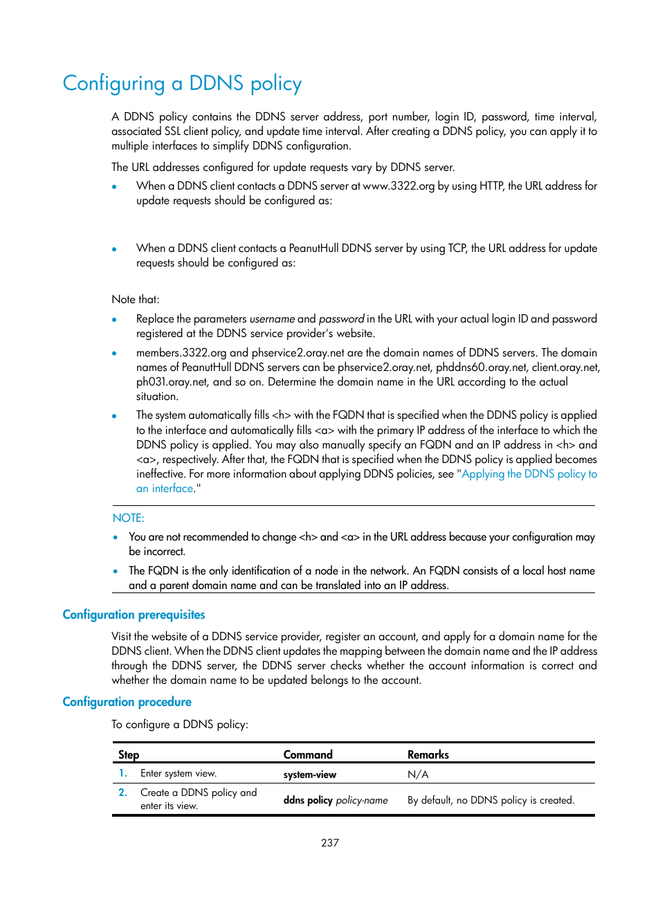 Configuring a ddns policy, Configuration prerequisites, Configuration procedure | H3C Technologies H3C SecPath F1000-E User Manual | Page 262 / 967