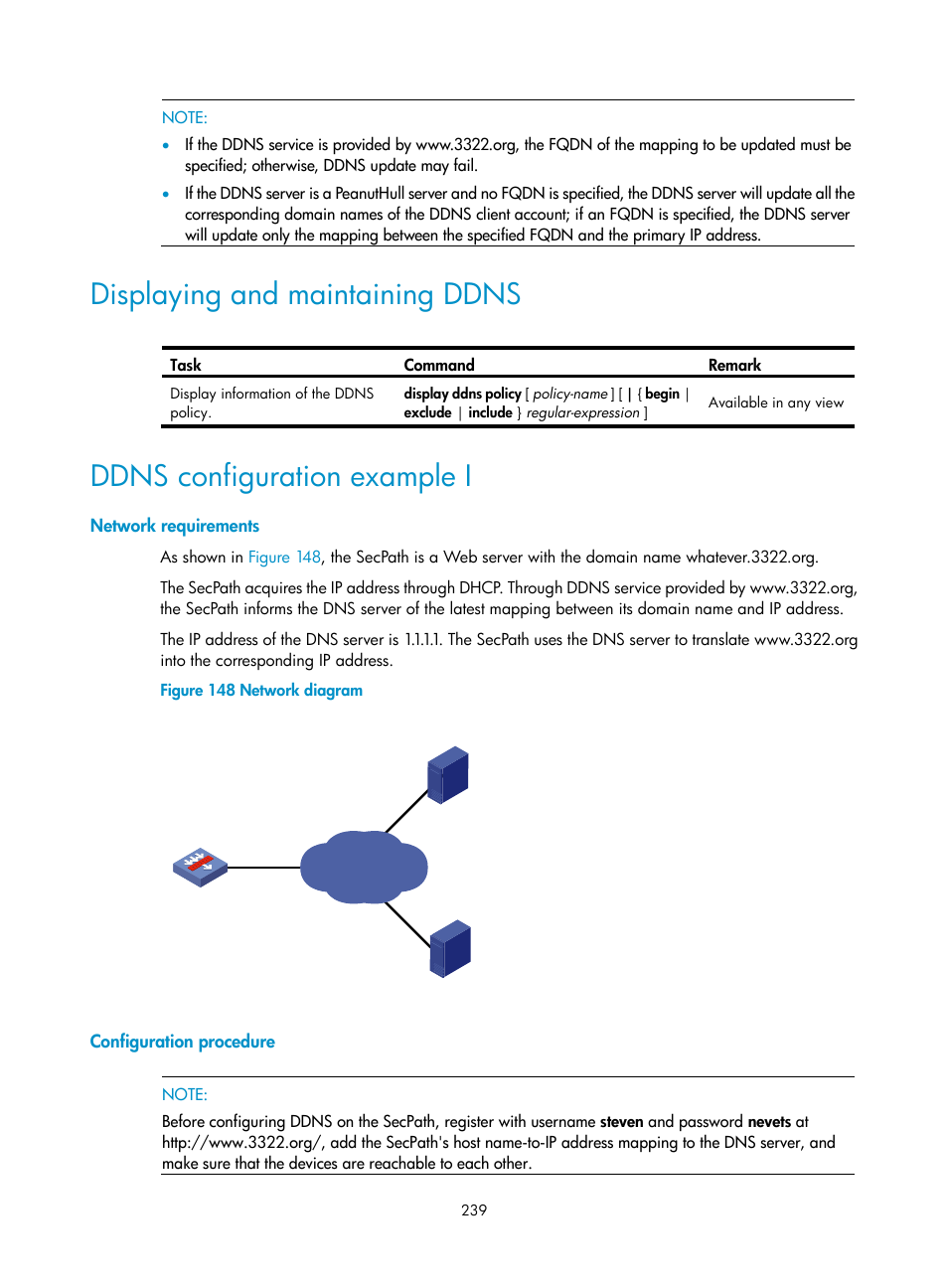 Displaying and maintaining ddns, Ddns configuration example i, Network requirements | Configuration procedure | H3C Technologies H3C SecPath F1000-E User Manual | Page 264 / 967