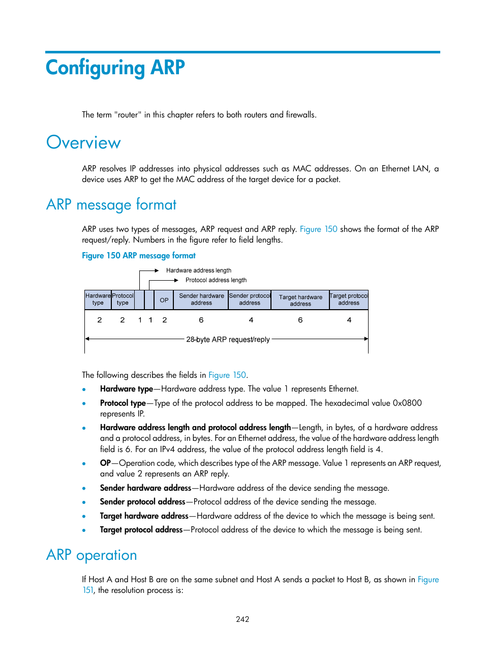 Configuring arp, Overview, Arp message format | Arp operation | H3C Technologies H3C SecPath F1000-E User Manual | Page 267 / 967