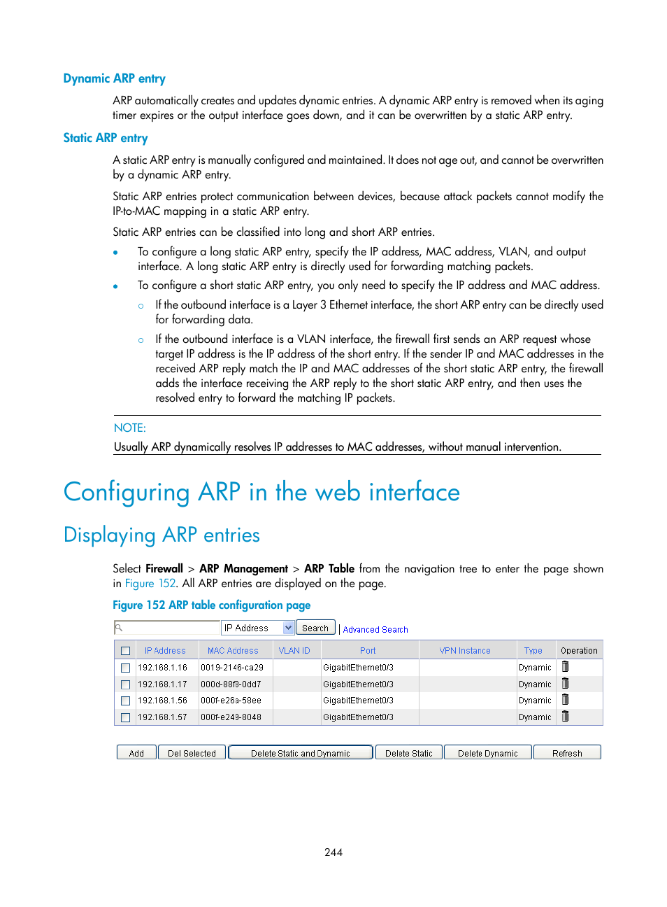 Dynamic arp entry, Static arp entry, Configuring arp in the web interface | Displaying arp entries | H3C Technologies H3C SecPath F1000-E User Manual | Page 269 / 967