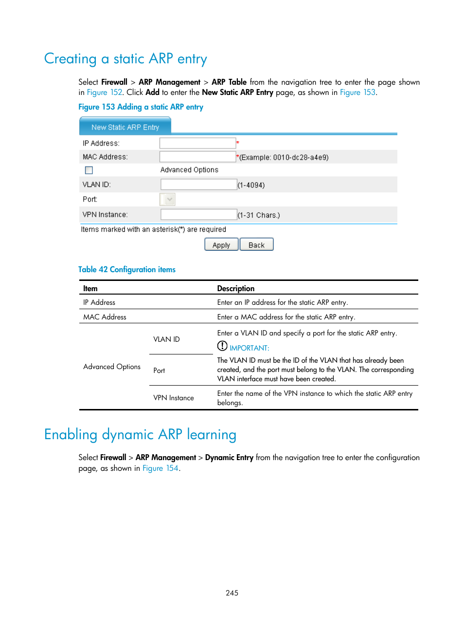 Creating a static arp entry, Enabling dynamic arp learning | H3C Technologies H3C SecPath F1000-E User Manual | Page 270 / 967