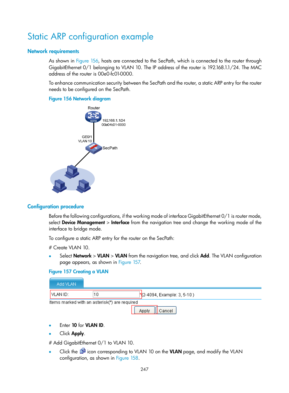 Static arp configuration example, Network requirements, Configuration procedure | H3C Technologies H3C SecPath F1000-E User Manual | Page 272 / 967