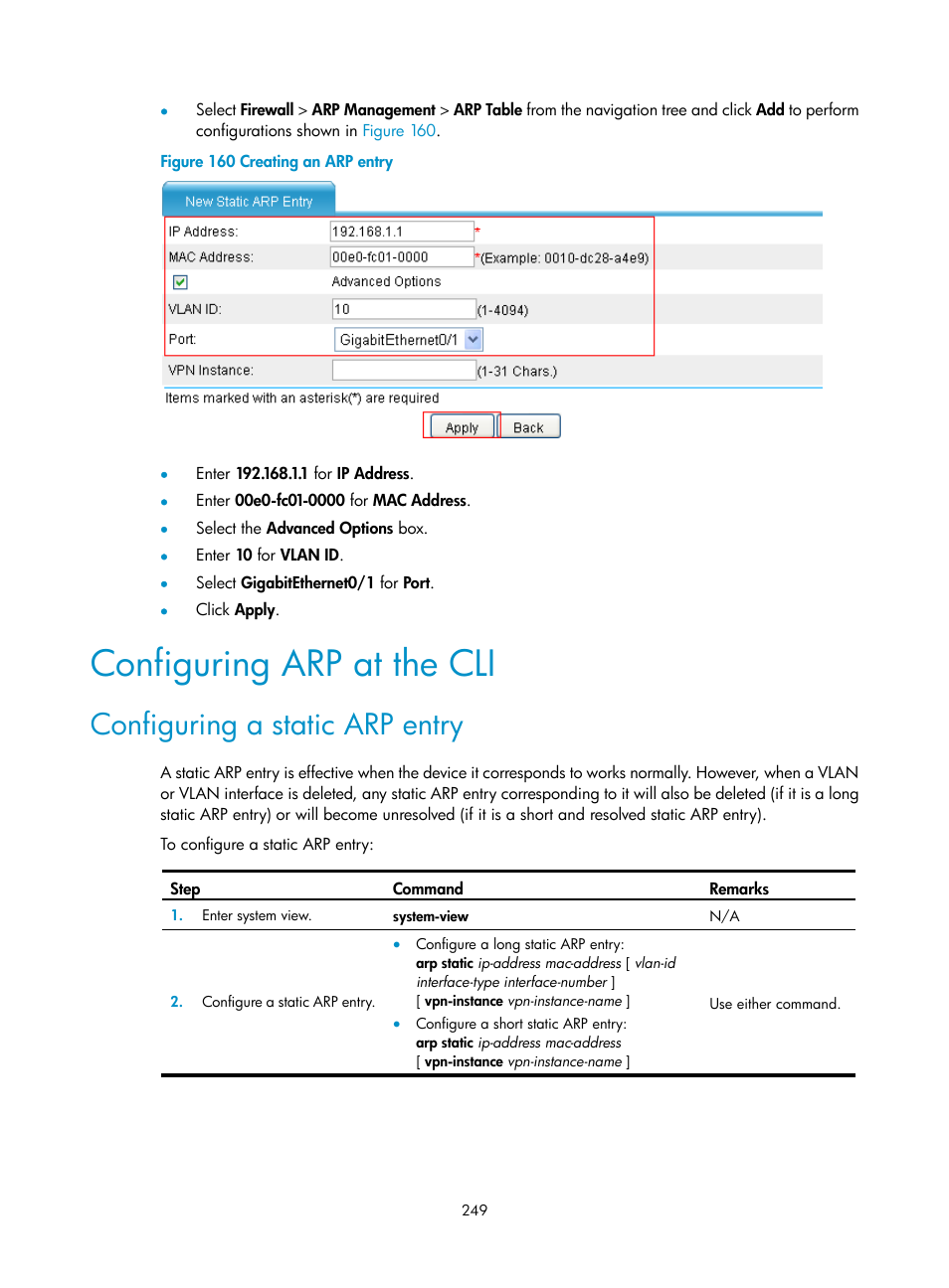 Configuring arp at the cli, Configuring a static arp entry | H3C Technologies H3C SecPath F1000-E User Manual | Page 274 / 967