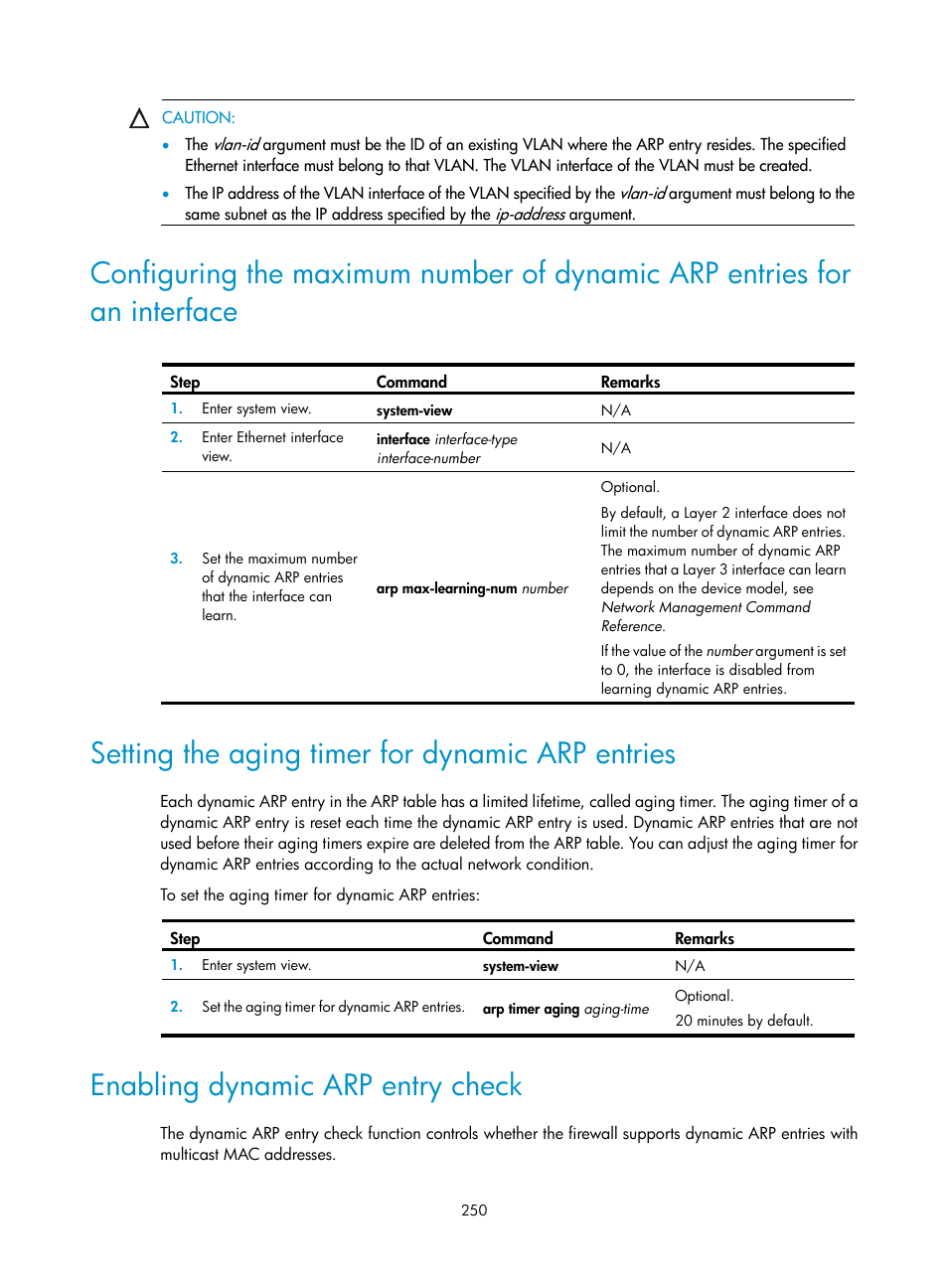 Setting the aging timer for dynamic arp entries, Enabling dynamic arp entry check | H3C Technologies H3C SecPath F1000-E User Manual | Page 275 / 967