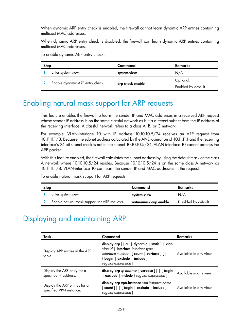 Enabling natural mask support for arp requests, Displaying and maintaining arp | H3C Technologies H3C SecPath F1000-E User Manual | Page 276 / 967