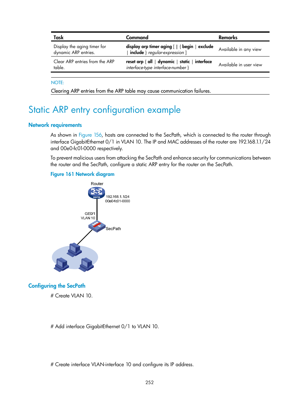 Static arp entry configuration example, Network requirements, Configuring the secpath | H3C Technologies H3C SecPath F1000-E User Manual | Page 277 / 967