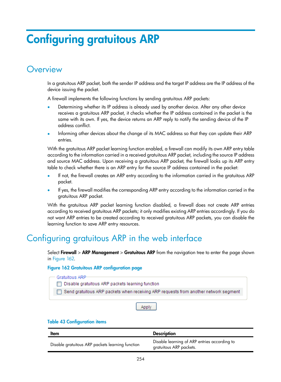 Configuring gratuitous arp, Overview, Configuring gratuitous arp in the web interface | H3C Technologies H3C SecPath F1000-E User Manual | Page 279 / 967