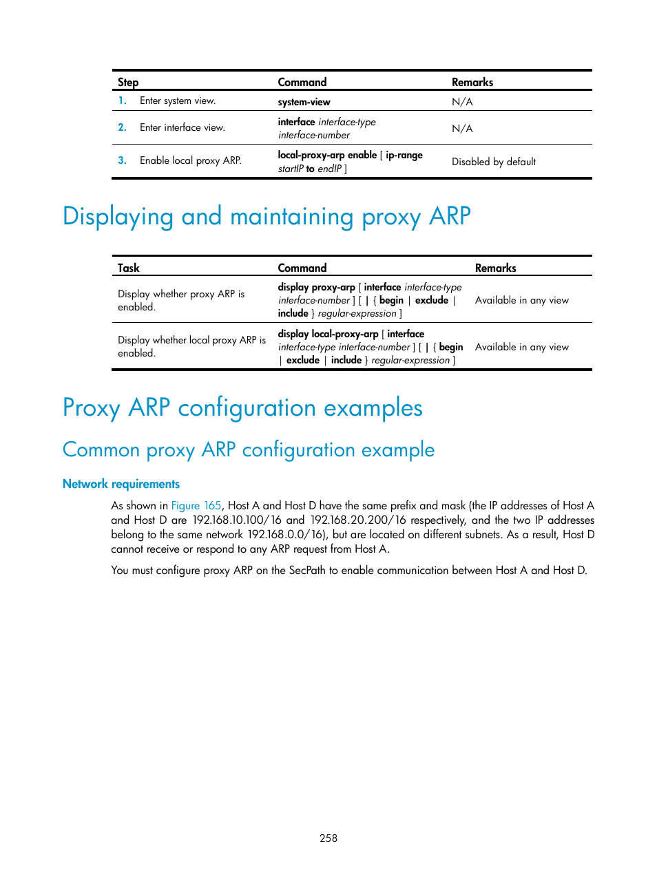 Displaying and maintaining proxy arp, Proxy arp configuration examples, Common proxy arp configuration example | Network requirements | H3C Technologies H3C SecPath F1000-E User Manual | Page 283 / 967