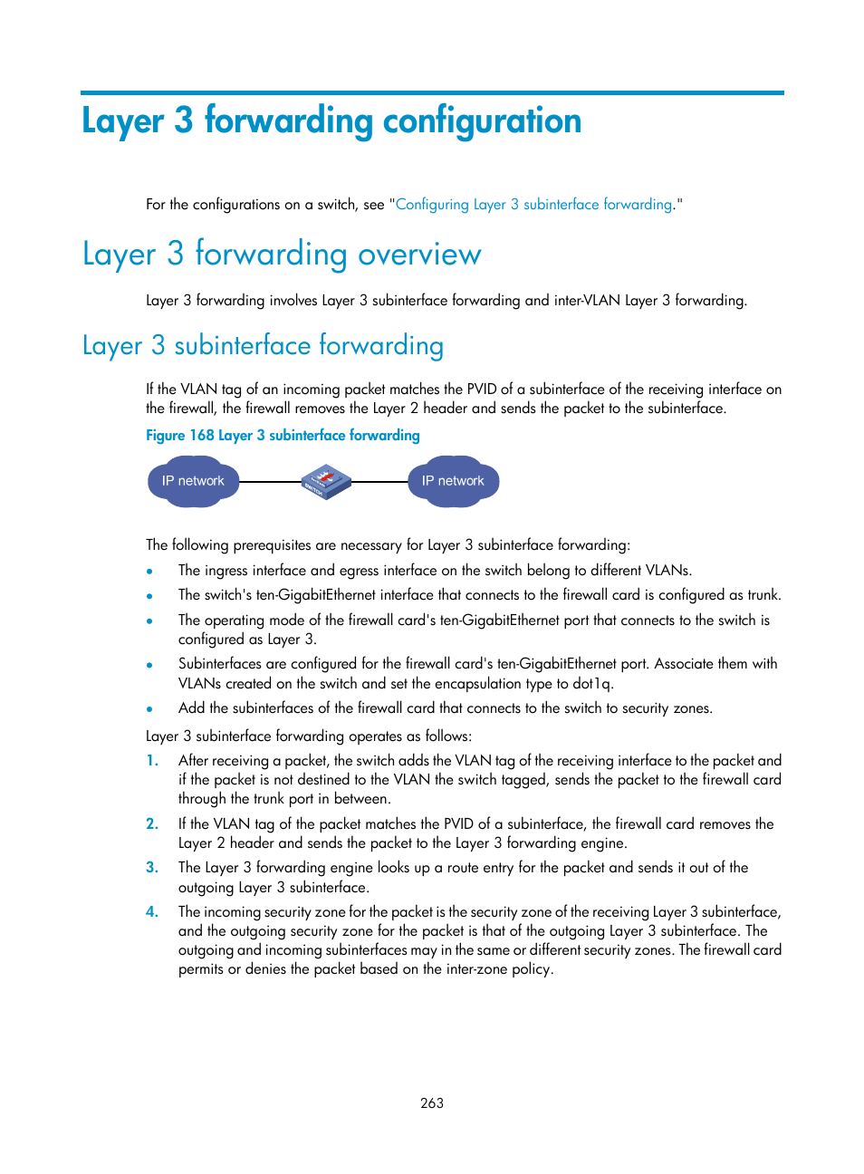 Layer 3 forwarding configuration, Layer 3 forwarding overview, Layer 3 subinterface forwarding | H3C Technologies H3C SecPath F1000-E User Manual | Page 288 / 967