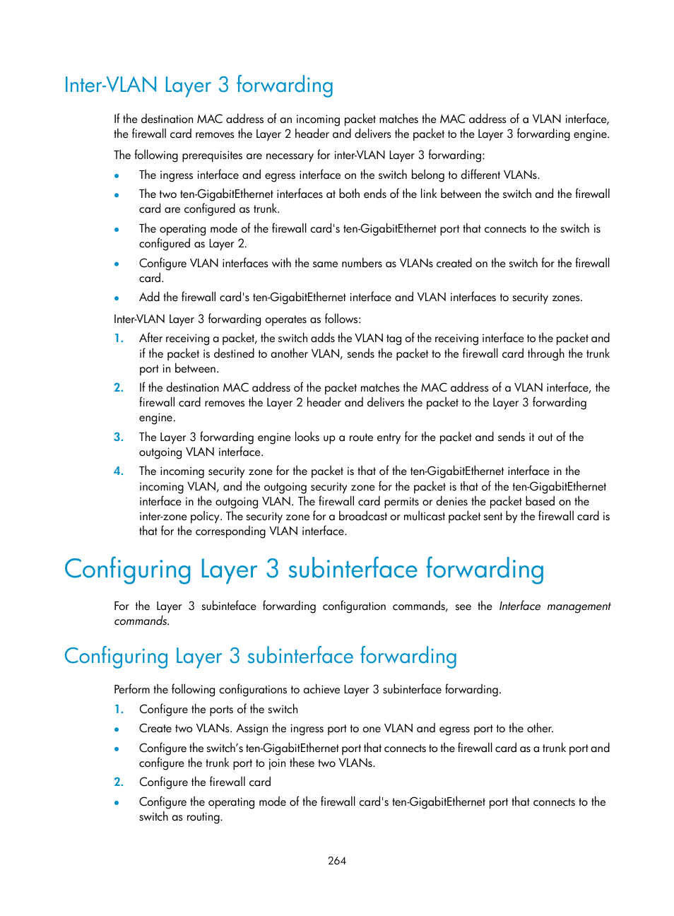 Inter-vlan layer 3 forwarding, Configuring layer 3 subinterface forwarding | H3C Technologies H3C SecPath F1000-E User Manual | Page 289 / 967